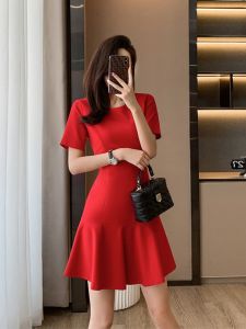 Red Mermaid Dress for Women Summer Style crewneck short sleeve A-line skirt with patchwork tailored fit for 18-24 Birthday Party