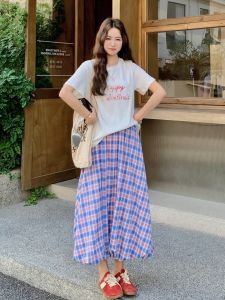 YINLUOYA | Summer Beautiful Plaid Letter Print Loose Slimming Elastic Waist Skirt Set Womens Short Sleeve Round Neck Other 100% Material