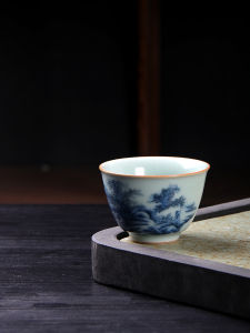 Retro Chinese Style Porcelain Tea Cup Pomegranate Mountain Landscape Blue And White Ru Ceramic Owner Cup Single Cup for Tea Appreciation