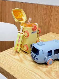 🚌500ml Baby Cartoon Bus Design Water Bottle Tritan Cute Creative Straw Bottle Student Car Shape Cup Water Bottle for Kids Train Botol Air Kanak Budak Bas Comel Cup 巴士水瓶