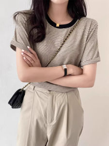 Summer Cotton Blend Stripe T-Shirt Womens Loose Fit Short Sleeve round Neck Korean Style Top Comfortable Breathable Shirt