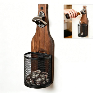 Wall-Mounted Wooden Beer Bottle Opener with Mesh Cap Catcher Rustic Bottle Opener for Home Bar Kitchen & Outdoor Use Ideal Gi