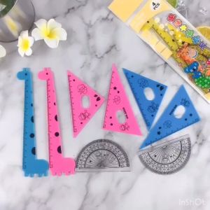 FH-A66 Penggaris Plastik 15cm Set Isi 4 Alat Tulis Sekolah Kantor Karakter Motif Jerapah / Penggaris Matematika Pengaris Garisan Penggaris Set