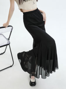 QIAOMIDUO | Elegant Summer Fairy Tale Half-length Fish-tail Skirt Womens Thin Cotton Blend Long Black Gown High-waisted Pure Color