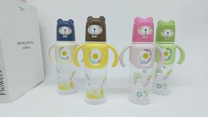 250ml baby bottle standard caliber food grade silicone nipple safety material with handle PP baby bottle bear shaped design cute cartoon print blue/pink/green/coffee color