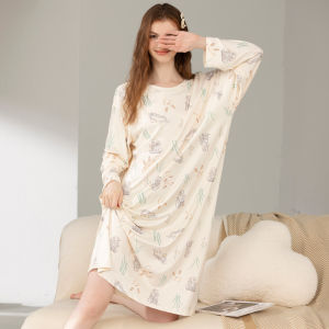 Panda Stripes Nightdress for Women Spring and Autumn Pure Cotton Long Sleeves Cute Cartoon Pajamas Dress Winter plus Size Homewear