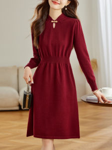Red Knitted Dress Womens Autumn Winter New Style Stand Collar Chinese Style Base Layer Dress Elegant Atmosphere Soft Knit Dress