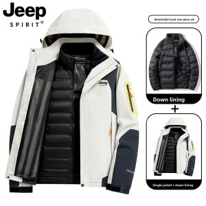 Jeep 2024 Mens down Jacket Three-in-One Detachable Inner Skiing Coat Womens Fashion Urban Style Windproof Thickened