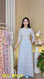 Áo dài lụa nhật HN18 hoa nhí vàng cổ tròn tay lỡ may sẵn đồng phục hội họp đám cưới Ảnh thật tự chụp sẵn hàng