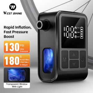 WEST BIKING Electric Mini Bicycle Pump Transparent Window With Light Bike Tire Air Inflator 130 PSI Max 900mAh 7.4V Battery Type-C Fast Charging Bike Pump Cycling Accesories