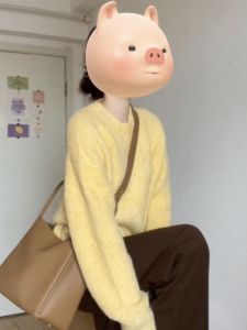 Soft Wind Goose Yellow round Neck Loose Womens Knitted Sweater Inner Wear Lazy Style Top Commute Style Winter Collection