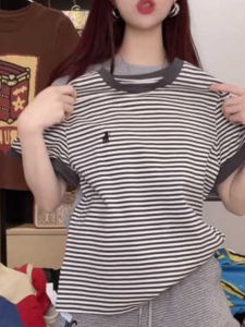 Pony Embroider Contrasting Color Cuff Stripes Short-Sleeved T-shirt Female 2024 Summer New Design Sense Versatile Slimming Top