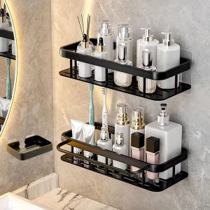 Bathroom Shelf & Makeup Storage Organizer: Aluminum Alloy Shampoo Rack & No Drill Wall Shelf