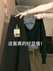 Black Knitted Mini Skirt And Sweater Set College Style Womens Fashion Autumn 2024 High Waist A-Line Skirt Long Sleeve Polo Neck