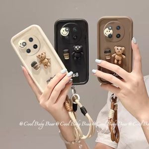 Cartoon Phone Case Honor X9c X7c X6b Honor 200 Smart 5G 4G New Trend Creative Cute 3D Coffee Bear Casing Lens Protection Anti-drop Soft Cover with Bracelet 2024