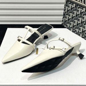 รองเท้าแตะส้นเตี้ยแบบสวมหัวสไตล์ฝรั่งเศสสำหรับผู้หญิง ทรงหนีบ กันน้ำ หนังวัวสองชั้น รองเท้าทำงานฤดูร้อน 2025 ทรงหัวแหลมเซ็กซี่