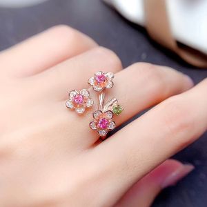 18K Gold Plating Pink Tourmaline Ring Total 0.3ct 3mm Natural Tourmaline Jewelry 925 Silver Flower Ring for Daily Wear