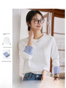 Vimly | Retro Design Cloud White Long Sleeve T-Shirt Loose Fit