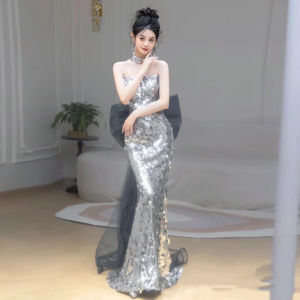 Silver Grey Fish Tail French Sequin Evening Gown: Perfect for Prom, Birthday & Graduation Parties