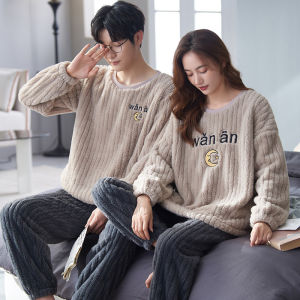 Couples Thickened Coral Fleece Pajamas Mens Sleepwear Cute Animal Design Autumn Winter Home Clothes Matching Set for Youth