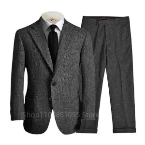 Fashion 2 Piece Dark Gray Wool Tweed Winter Business Men Suits Wedding Herringbone Male Formal Groom Tuxedo Set (Jacket+Pants)