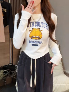 K-style Brushed Inner Cartoon Print Curved Hem Long Sleeves Spring & Fall New Arrival Thin Velvet Silm Slim Fit Versatile Top