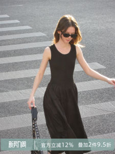 Black Knitted Vest Dress Womens Retro French Style Slimming Sleeveless Long Dress Summer Comfortable Cotton A-Line Dress