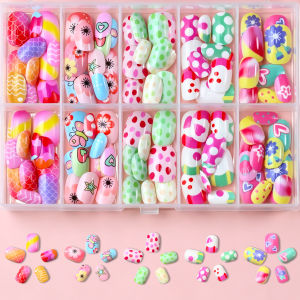 120Pcs Kids Short Round Press On Nails Cute Butterfly Flower Polka Dot Print Fake Nail for Children Wearable False Fingertips td