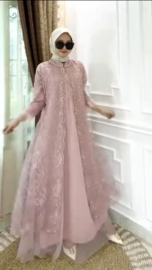Gamis Brokat Mewah Terbaru Lydia Dres Tille Mix Brukat Full Puring Aplikasi Payet M L XL XXL 3XL Dress Kondangan Wanita Jumbo Elegan Resleting Depan Aktif Busui Friendly Baju Muslim Seragaman Pengajian Warna Mahogany Burgundy Hitam Dusty