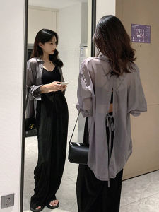 เสื้อเชิ้ตผ้าชีฟองกันแดดสำหรับผู้หญิง ทรงหลวม สไตล์ลำลอง แขนยาว ปกโปโล กระดุมเดียว ปกโปโล กระดุมเดียว