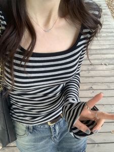 Korean Style Striped Base Shirt Flared Sleeve Square Collar Womens Long Sleeve T-Shirt Casual Simple Commute Slim Fit Youthful