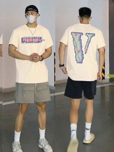 เสื้อยืดแขนสั้นผู้ชายผ้าฝ้ายอเมริกันทรงหลวมพิมพ์ลายตัวอักษรฤดูร้อน ทรงหลวม น้ำหนักเบา ทรงหลวม เสื้อยืดคอกลม