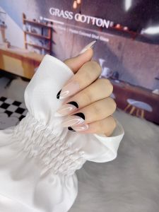 Bộ 24 móng tay giả dài nhọn trơn - W 110 - sang trọng dễ thương cho nữ màu trắng đen - Kèm keo dán móng CÓ ẢNH SP THẬT