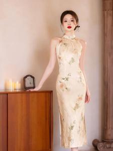 Elegant Young Version Chinese Style Neckline Qipao Dress High Slit Long Skirt Breathable No Sleeve Floral Patterned Qipao
