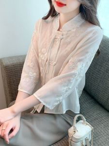 เสื้อเชิ้ตผ้าชีฟองแขนยาวปักลายสไตล์จีนสำหรับผู้หญิง ฤดูร้อน 2025 เสื้อเชิ้ตทรงหลวมๆ สไตล์เกาหลี
