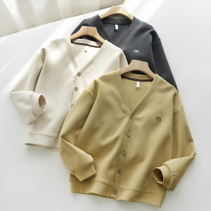 Childrens V-Neck Open Cardigan Long Sleeve Embroidered Letter Jacket Spring Autumn Style Cotton Blend Outerwear for Boys And Girls