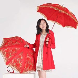Bridal Umbrella Long Handle Embroidery Lace Knot Pro W W Red Double Layer Handmade Lace Embroidery Umbrella