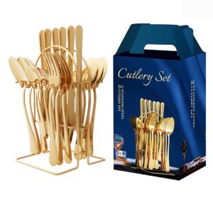 [SG STOCK] 24Pcs Dinnerware Set Stainless Steel Cutlery Set Kitchen Mirror Gold Tableware Set Knife Fork Spoon Dinner Set