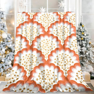Beast Kingdom | Terracotta Scallop Gold Floral Flannel Blanket Soft Fuzzy Plush Cozy Warm Throw for Sofa Bed Couch Home Decor