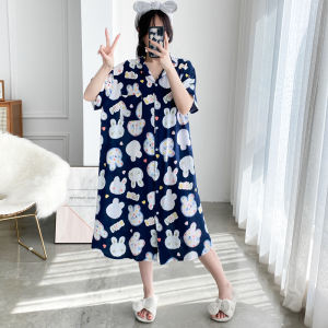 Cardigan plus Size Cotton Silk Long Nightdress Short Sleeve Dress Pajamas Loose Pregnant Women Fat Girl 100.00kg Homewear