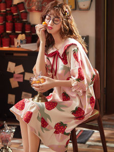Strawberry Pattern Pure Cotton Summer Thin Short Sleeve Sleep Dress Loose Princess Style Sweet Cute Womens Nightgown Home Clothes