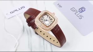 Box Exclusive Jam Tangan GPlus Romawi Pinggir Permata VA-953SUR / Jam Tangan Fashion Wanita Tali Kulit Diameter 27cm