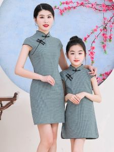 Fashionable Plaid Cheongsam Mother Daughter Matching Summer Clothes Girls Tang Suit Style Green Grid Cheongsam Skirt Childrens Clothing