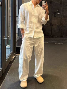 White Linen Cotton Blend Mens Shirt And Pants Set Autumn Fashion Wide Leg Pants Whole Set Classic Style Casual Wear