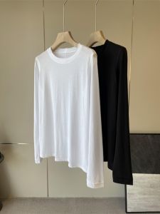 เสื้อยืดคอกลมแขนยาวผ้าฝ้ายยืดผสมผ้าโพลีเอสเตอร์สำหรับผู้หญิงในฤดูใบไม้ร่วง สไตล์ลำลอง ความยาวปกติ คอตตอน 100%