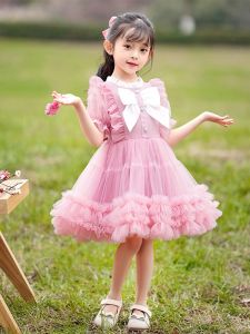 Summer Fashionable Pink Princess Dress for Girls Childrens Puffy Skirt Cute Short Sleeve Performance Cotton Blend Dress