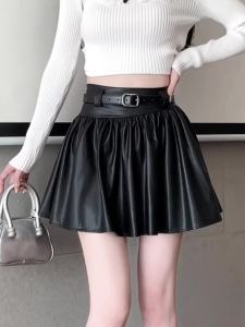 AMMIN 2024 Autumn new belt elastic high-waisted A-line anti-slip skirt female Korean style fashion PU pleated skirt