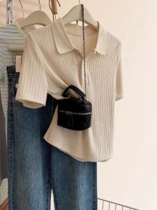 Áo Thun Tay Ngắn Lụa Băng Cổ Polo Dáng Rộng Cho Nữ Mùa Hè Thiết Kế Cảm Giác Lúa Vai Áo Thun Cotton Pha Trộn Thường Ngày