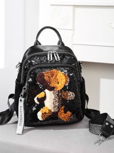 Fashionable Boston Bear Womens Backpack Glitter Trendy Multi-Functional Korean Style Casual Backpack with Zipper Soft Material