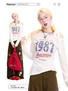 NERESUM Womens Long Sleeve T-Shirt Star Print Halter Neck Slim Fit Vintage American Sweet Spicy New Style Versatile Top